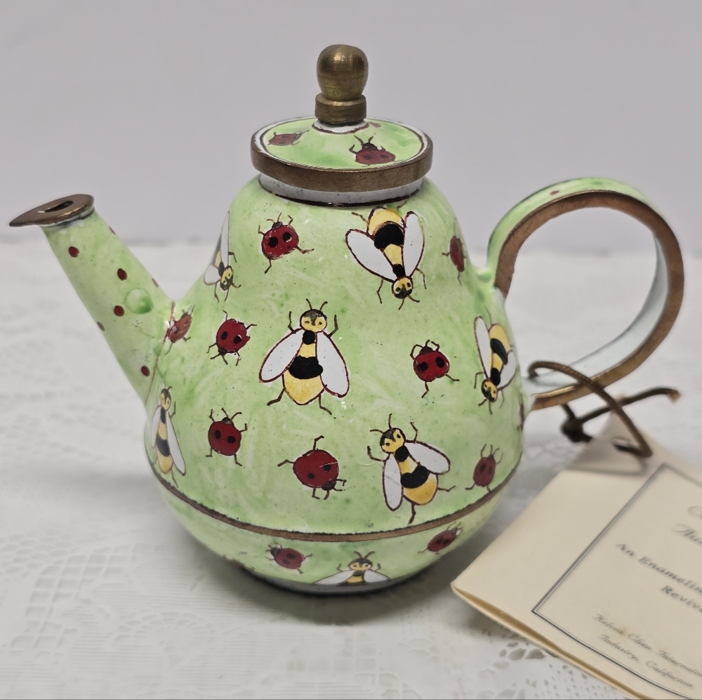 Kelvin Chen Handpainted Enamel Copper Teapot Ladybugs And Bees Vintage 1999